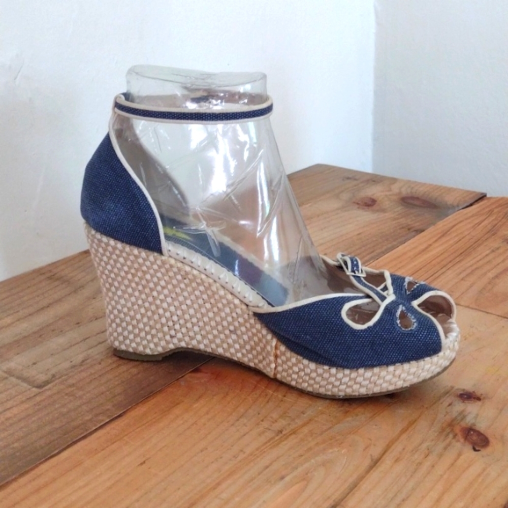 Chambray Ankle Wrap Open Toe Espadrille Platform Wedges Size 10